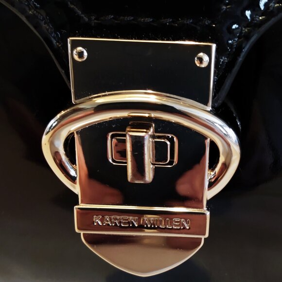 Karen Millen Black Patent Leather Clutch Bag-Leopard Print Interior & Hand Strap - Picture 13 of 14